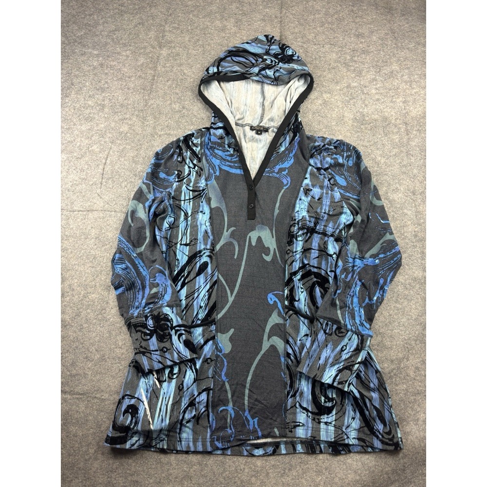 Alberto Makali NY Women's M Blue Abstract Velvet Artsy Hooded Tunic Henley SEE